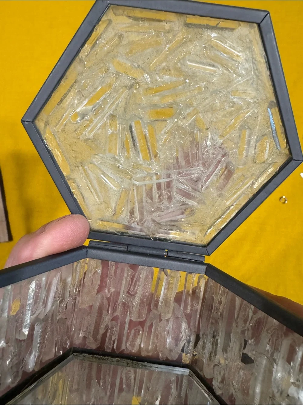 Vintage Hexagonal Raw Clear Quartz Crystal Mirror Trinket Box